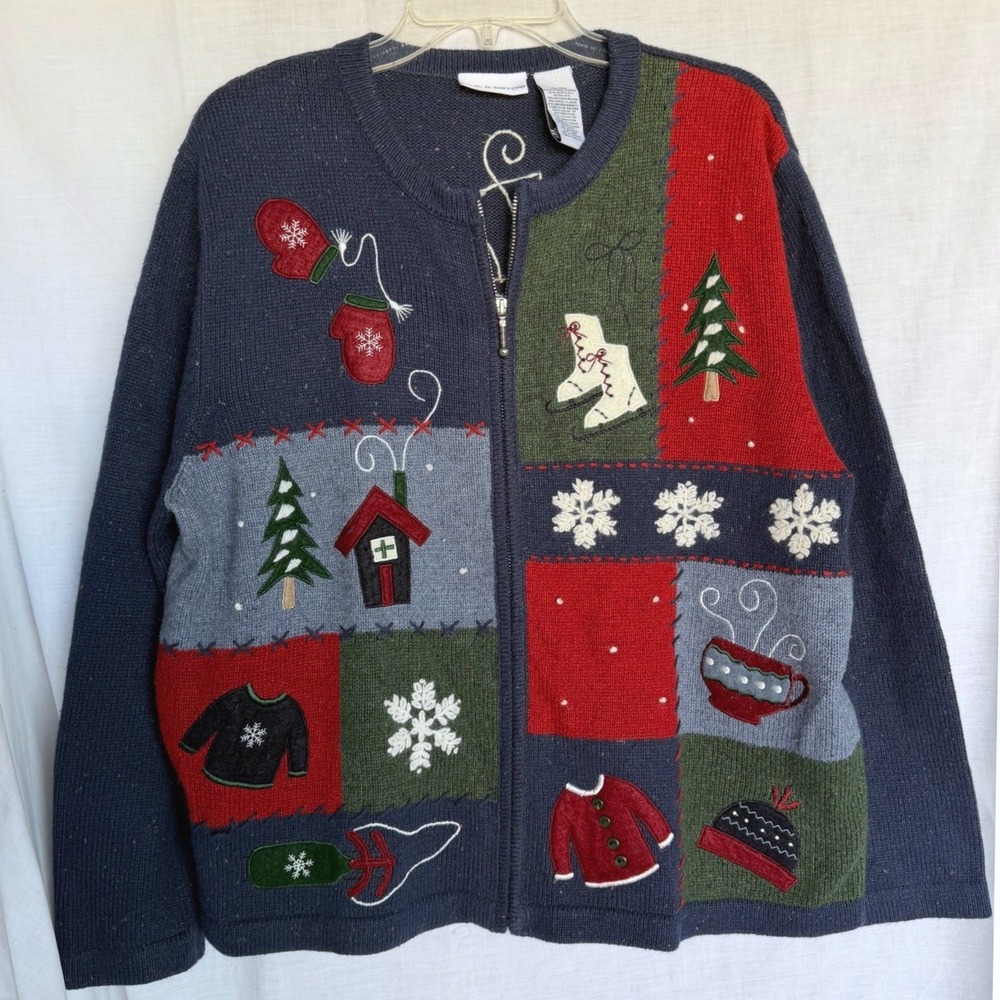 Grandma Ugly Christmas Sweater Navy Blue Patchwork Cottagecore Croft & Barrow XL